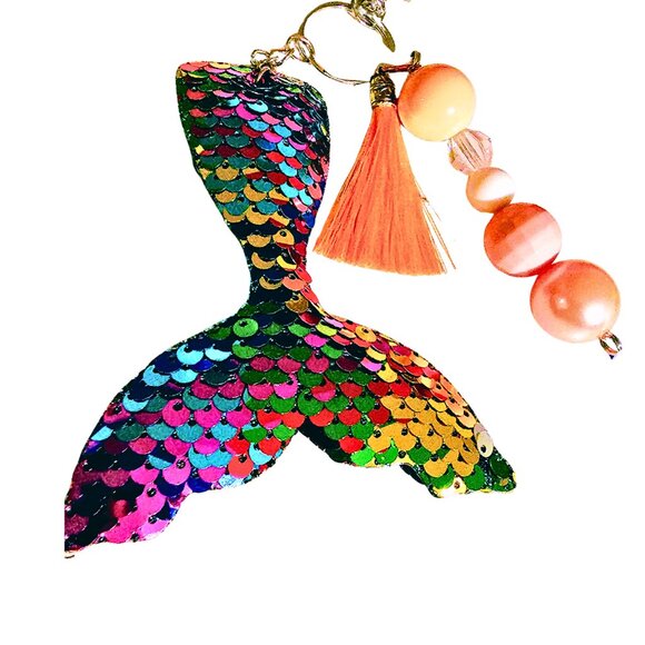 Sequins Plush Rainbow Mermaid Tail Keychain, Coral Silk Tassel, Bead, Charm - Picture 1 of 1